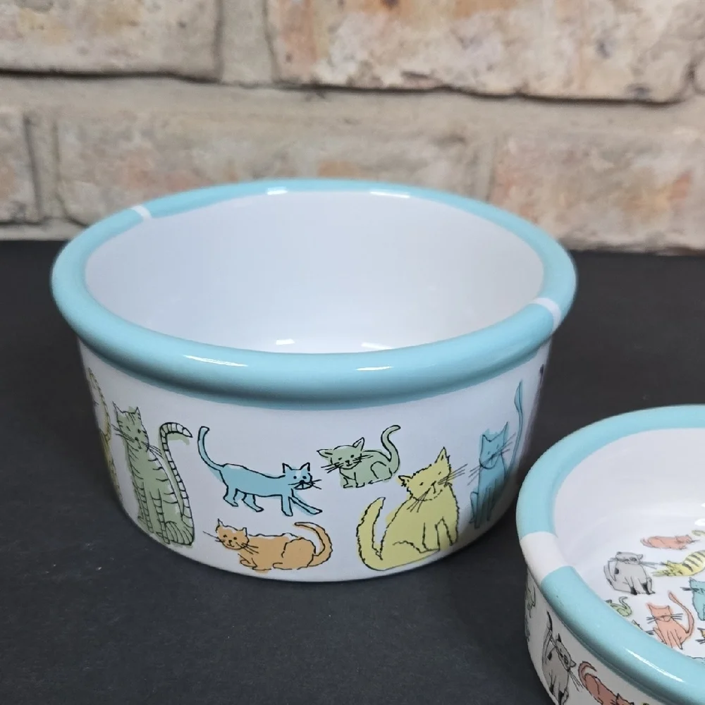 Stoneware Ceramic Cat Print Water and Food Bowl Dishes - NEW